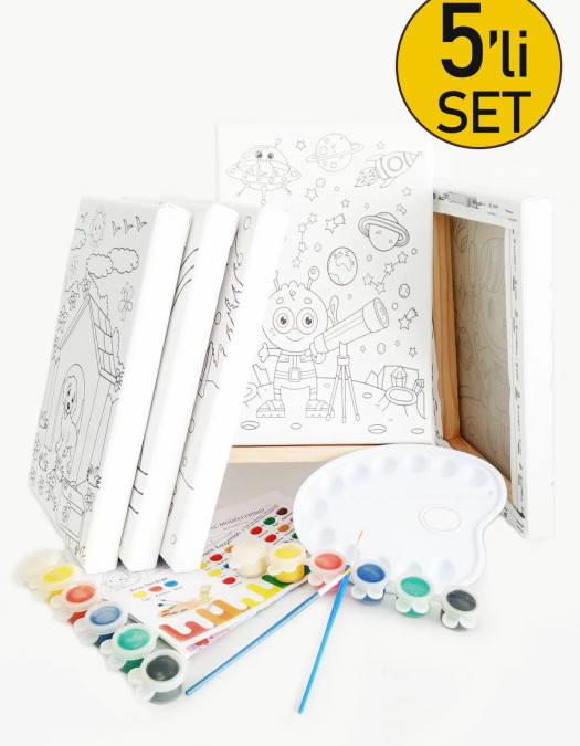 5'li Çocuk Ressam Seti - 5 Ad. 20 x 30 cm Önçizimli Tuval, 2 Ad. Fırça, Palet, Boya ve Şövale 5'li Çocuk Ressam Seti - 5 Ad. 20 x 30 cm Önçizimli Tuval, 2 Ad. Fırça, Palet, Boya ve Şövale