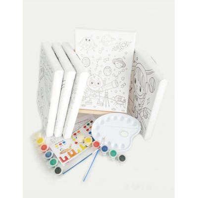 5'li Çocuk Ressam Seti - 5 Ad. 20 x 30 cm Önçizimli Tuval, 2 Ad. Fırça, Palet, Boya ve Şövale