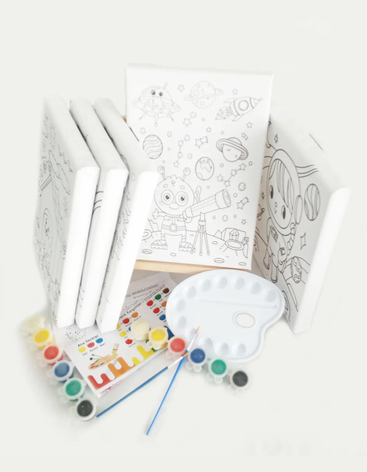 5'li Çocuk Ressam Seti - 5 Ad. 20 x 30 cm Önçizimli Tuval, 2 Ad. Fırça, Palet, Boya ve Şövale 5'li Çocuk Ressam Seti - 5 Ad. 20 x 30 cm Önçizimli Tuval, 2 Ad. Fırça, Palet, Boya ve Şövale