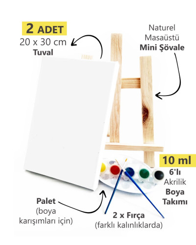 2 ADET x Amatör Ressam Seti - 20 x 30 cm Tuval, Şövale, Boya + Fırça + Palet 2 ADET x Amatör Ressam Seti - 20 x 30 cm Tuval, Şövale, Boya + Fırça + Palet