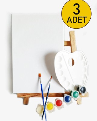 3 ADET x Amatör Ressam Seti - 20 x 30 cm Tuval, Şövale, Boya + Fırça + Palet