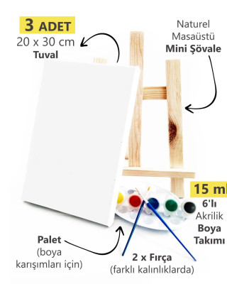 3 ADET x Amatör Ressam Seti - 20 x 30 cm Tuval, Şövale, Boya + Fırça + Palet