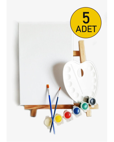 5 ADET x Amatör Ressam Seti - 20 x 30 cm Tuval, Şövale, Boya + Fırça + Palet
