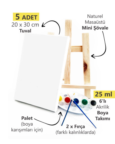 5 ADET x Amatör Ressam Seti - 20 x 30 cm Tuval, Şövale, Boya + Fırça + Palet 5 ADET x Amatör Ressam Seti - 20 x 30 cm Tuval, Şövale, Boya + Fırça + Palet