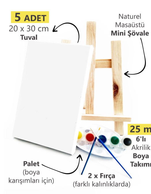 5 ADET x Amatör Ressam Seti - 20 x 30 cm Tuval, Şövale, Boya + Fırça + Palet
