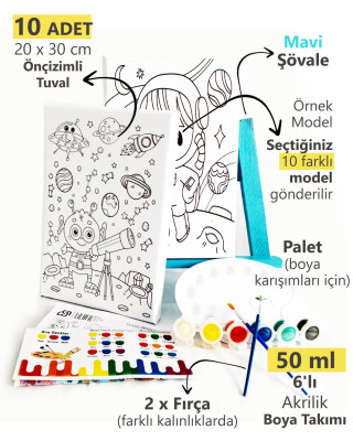 10'lu Erkek Çocuk Ressam Seti - 10 Ad. 20 x 30 cm Önçizimli Tuval, 2 Ad. Fırça, Palet, Boya & Şövale