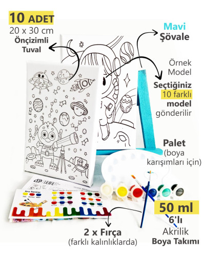 10'lu Erkek Çocuk Ressam Seti - 10 Ad. 20 x 30 cm Önçizimli Tuval, 2 Ad. Fırça, Palet, Boya & Şövale 10'lu Erkek Çocuk Ressam Seti - 10 Ad. 20 x 30 cm Önçizimli Tuval, 2 Ad. Fırça, Palet, Boya & Şövale