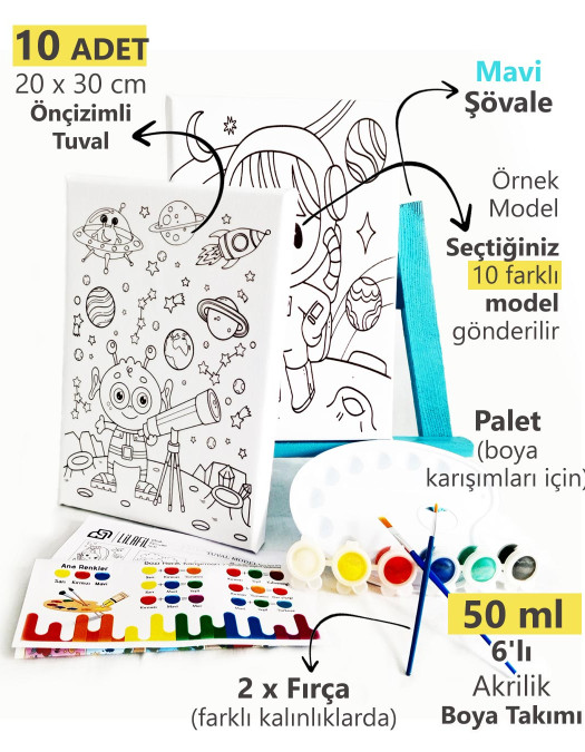 10'lu Erkek Çocuk Ressam Seti - 10 Ad. 20 x 30 cm Önçizimli Tuval, 2 Ad. Fırça, Palet, Boya & Şövale 10'lu Erkek Çocuk Ressam Seti - 10 Ad. 20 x 30 cm Önçizimli Tuval, 2 Ad. Fırça, Palet, Boya & Şövale