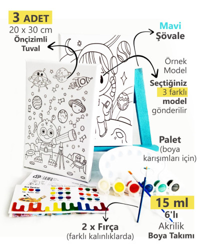 3'lü Erkek Çocuk Ressam Seti - 3 Ad. 20 x 30 cm Önçizimli Tuval, 2 Ad. Fırça, Palet, Boya ve Şövale 3'lü Erkek Çocuk Ressam Seti - 3 Ad. 20 x 30 cm Önçizimli Tuval, 2 Ad. Fırça, Palet, Boya ve Şövale