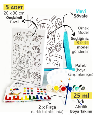 5'li Erkek Çocuk Ressam Seti - 5 Ad. 20 x 30 cm Önçizimli Tuval, 2 Ad. Fırça, Palet, Boya ve Şövale