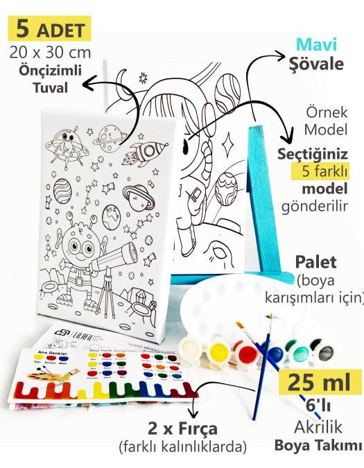 5'li Erkek Çocuk Ressam Seti - 5 Ad. 20 x 30 cm Önçizimli Tuval, 2 Ad. Fırça, Palet, Boya ve Şövale 5'li Erkek Çocuk Ressam Seti - 5 Ad. 20 x 30 cm Önçizimli Tuval, 2 Ad. Fırça, Palet, Boya ve Şövale