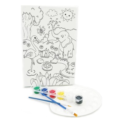 FİL & FLAMİNGO Minik Ressam Seti - 20 x 30 cm Önçizimli Tuval, 2 Adet Fırça, Palet ve Boya
