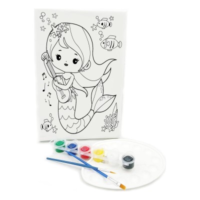 GİTARİST DENİZ KIZI Minik Ressam Seti - 20 x 30 cm Önçizimli Tuval, 2 Adet Fırça, Palet ve Boya