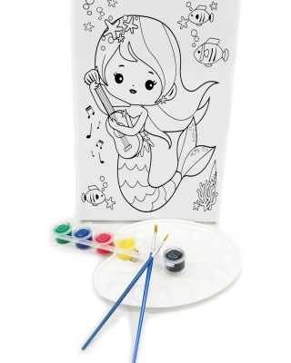 GİTARİST DENİZ KIZI Minik Ressam Seti - 20 x 30 cm Önçizimli Tuval, 2 Adet Fırça, Palet ve Boya