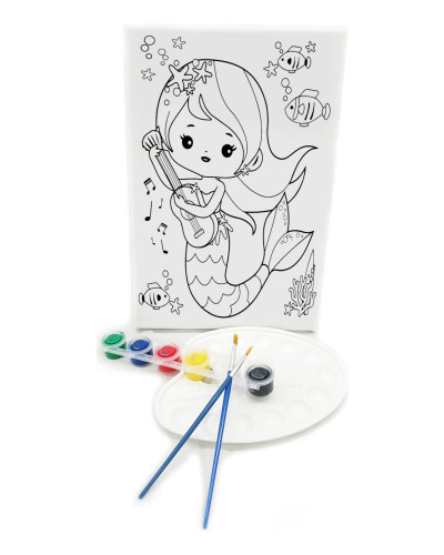 GİTARİST DENİZ KIZI Minik Ressam Seti - 20 x 30 cm Önçizimli Tuval, 2 Adet Fırça, Palet ve Boya