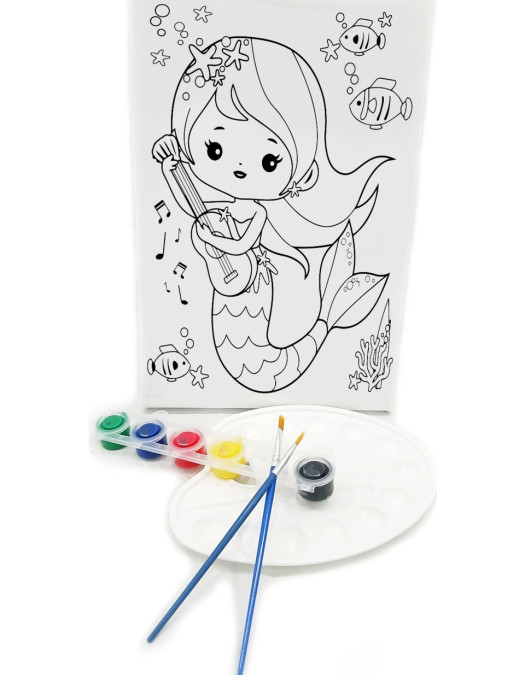 GİTARİST DENİZ KIZI Minik Ressam Seti - 20 x 30 cm Önçizimli Tuval, 2 Adet Fırça, Palet ve Boya