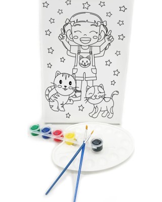 KEDİLİ KIZ Minik Ressam Seti - 20 x 30 cm Önçizimli Tuval, 2 Adet Fırça, Palet ve Boya