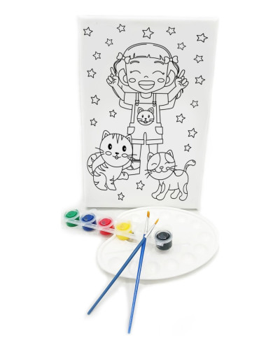 KEDİLİ KIZ Minik Ressam Seti - 20 x 30 cm Önçizimli Tuval, 2 Adet Fırça, Palet ve Boya