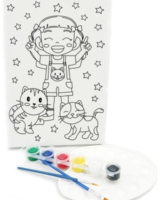 KEDİLİ KIZ Minik Ressam Seti - 20 x 30 cm Önçizimli Tuval, 2 Adet Fırça, Palet ve Boya