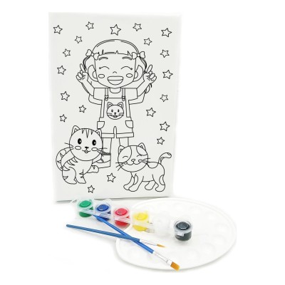 KEDİLİ KIZ Minik Ressam Seti - 20 x 30 cm Önçizimli Tuval, 2 Adet Fırça, Palet ve Boya