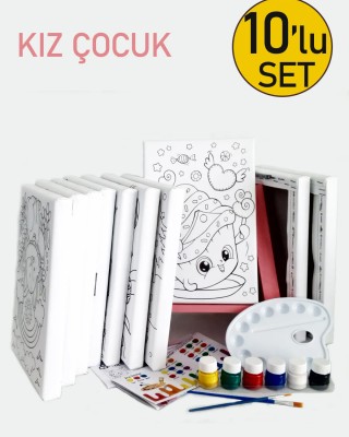 10'lu Kız Çocuk Ressam Seti - 10 Ad. 20 x 30 cm Önçizimli Tuval, 2 Ad. Fırça, Palet, Boya & Şövale
