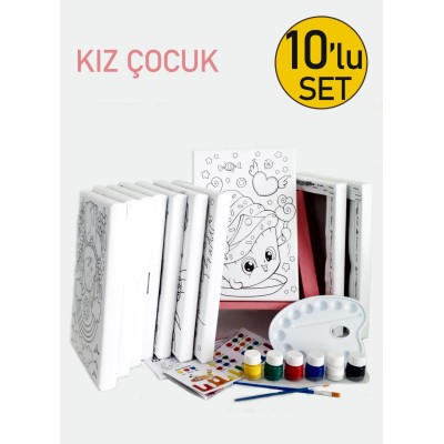 10'lu Kız Çocuk Ressam Seti - 10 Ad. 20 x 30 cm Önçizimli Tuval, 2 Ad. Fırça, Palet, Boya & Şövale