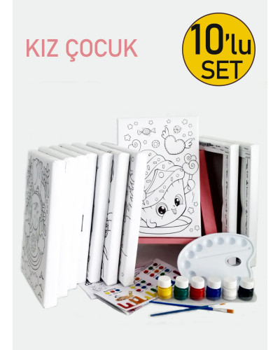 10'lu Kız Çocuk Ressam Seti - 10 Ad. 20 x 30 cm Önçizimli Tuval, 2 Ad. Fırça, Palet, Boya & Şövale