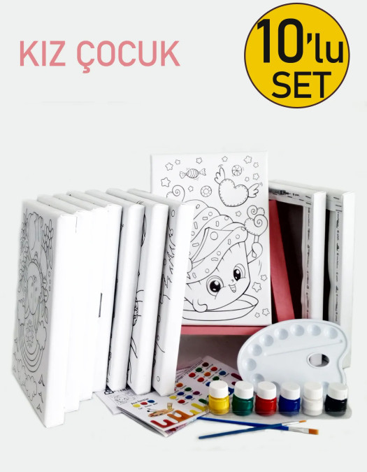 10'lu Kız Çocuk Ressam Seti - 10 Ad. 20 x 30 cm Önçizimli Tuval, 2 Ad. Fırça, Palet, Boya & Şövale 10'lu Kız Çocuk Ressam Seti - 10 Ad. 20 x 30 cm Önçizimli Tuval, 2 Ad. Fırça, Palet, Boya & Şövale