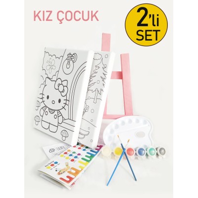2'li Kız Çocuk Ressam Seti - 2 Ad. 20 x 30 cm Önçizimli Tuval, 2 Ad. Fırça, Palet, Boya ve Şövale
