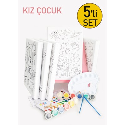 5'li Kız Çocuk Ressam Seti - 5 Ad. 20 x 30 cm Önçizimli Tuval, 2 Ad. Fırça, Palet, Boya ve Şövale