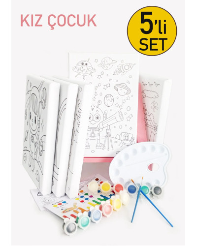 5'li Kız Çocuk Ressam Seti - 5 Ad. 20 x 30 cm Önçizimli Tuval, 2 Ad. Fırça, Palet, Boya ve Şövale