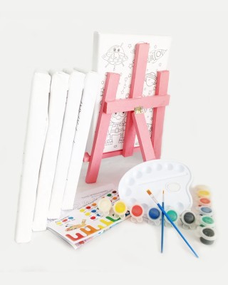 10'lu Kız Çocuk Ressam Seti - 10 Ad. 20 x 30 cm Önçizimli Tuval, 2 Ad. Fırça, Palet, Boya & Şövale