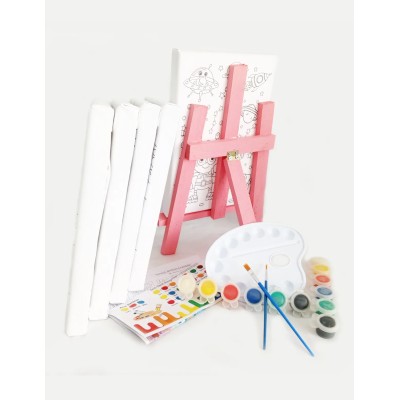 10'lu Kız Çocuk Ressam Seti - 10 Ad. 20 x 30 cm Önçizimli Tuval, 2 Ad. Fırça, Palet, Boya & Şövale