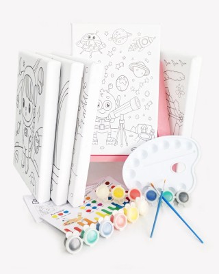 5'li Kız Çocuk Ressam Seti - 5 Ad. 20 x 30 cm Önçizimli Tuval, 2 Ad. Fırça, Palet, Boya ve Şövale