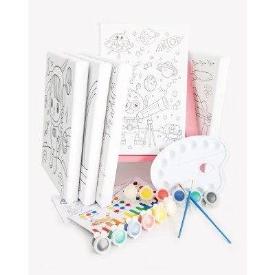 5'li Kız Çocuk Ressam Seti - 5 Ad. 20 x 30 cm Önçizimli Tuval, 2 Ad. Fırça, Palet, Boya ve Şövale