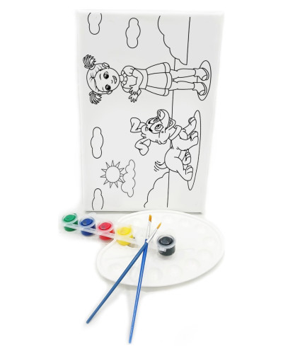 KIZ & KÖPEK Minik Ressam Seti - 20 x 30 cm Önçizimli Tuval, 2 Adet Fırça, Palet ve Boya