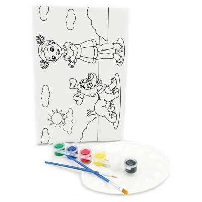 KIZ & KÖPEK Minik Ressam Seti - 20 x 30 cm Önçizimli Tuval, 2 Adet Fırça, Palet ve Boya