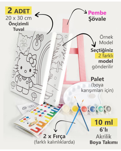 2'li Kız Çocuk Ressam Seti - 2 Ad. 20 x 30 cm Önçizimli Tuval, 2 Ad. Fırça, Palet, Boya ve Şövale
