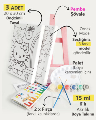 3'lü Kız Çocuk Ressam Seti - 3 Ad. 20 x 30 cm Önçizimli Tuval, 2 Ad. Fırça, Palet, Boya ve Şövale