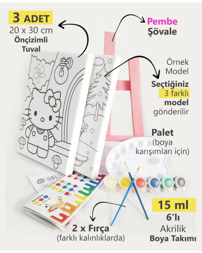 3'lü Kız Çocuk Ressam Seti - 3 Ad. 20 x 30 cm Önçizimli Tuval, 2 Ad. Fırça, Palet, Boya ve Şövale 3'lü Kız Çocuk Ressam Seti - 3 Ad. 20 x 30 cm Önçizimli Tuval, 2 Ad. Fırça, Palet, Boya ve Şövale