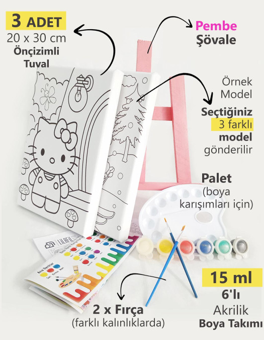 3'lü Kız Çocuk Ressam Seti - 3 Ad. 20 x 30 cm Önçizimli Tuval, 2 Ad. Fırça, Palet, Boya ve Şövale 3'lü Kız Çocuk Ressam Seti - 3 Ad. 20 x 30 cm Önçizimli Tuval, 2 Ad. Fırça, Palet, Boya ve Şövale
