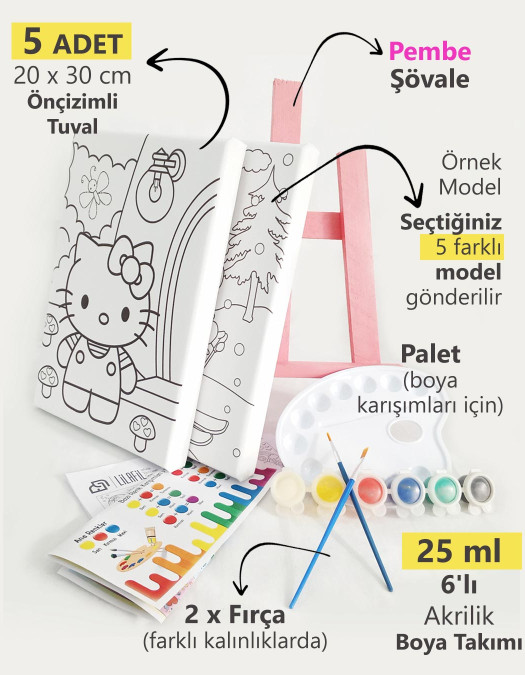 5'li Kız Çocuk Ressam Seti - 5 Ad. 20 x 30 cm Önçizimli Tuval, 2 Ad. Fırça, Palet, Boya ve Şövale 5'li Kız Çocuk Ressam Seti - 5 Ad. 20 x 30 cm Önçizimli Tuval, 2 Ad. Fırça, Palet, Boya ve Şövale