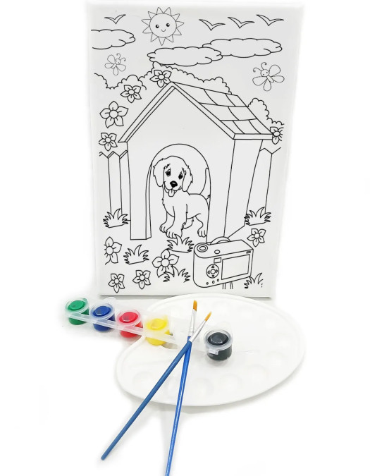KÖPEK KULÜBESİ Minik Ressam Seti - 20 x 30 cm Önçizimli Tuval, 2 Adet Fırça, Palet ve Boya KÖPEK KULÜBESİ Minik Ressam Seti - 20 x 30 cm Önçizimli Tuval, 2 Adet Fırça, Palet ve Boya