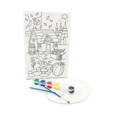 KÖY EVİ Minik Ressam Seti - 20 x 30 cm Önçizimli Tuval, 2 Adet Fırça, Palet ve Boya