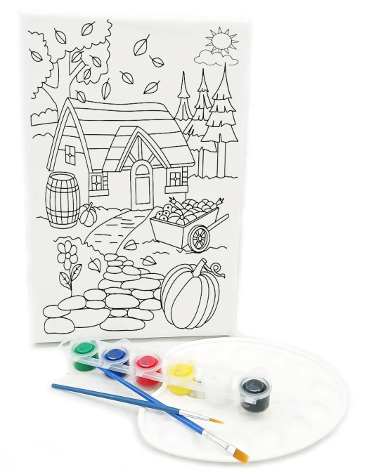 KÖY EVİ Minik Ressam Seti - 20 x 30 cm Önçizimli Tuval, 2 Adet Fırça, Palet ve Boya