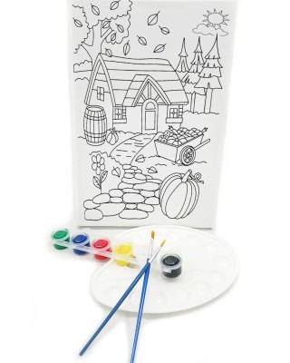 KÖY EVİ Minik Ressam Seti - 20 x 30 cm Önçizimli Tuval, 2 Adet Fırça, Palet ve Boya