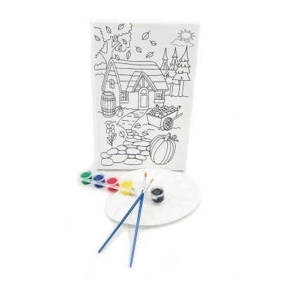 KÖY EVİ Minik Ressam Seti - 20 x 30 cm Önçizimli Tuval, 2 Adet Fırça, Palet ve Boya
