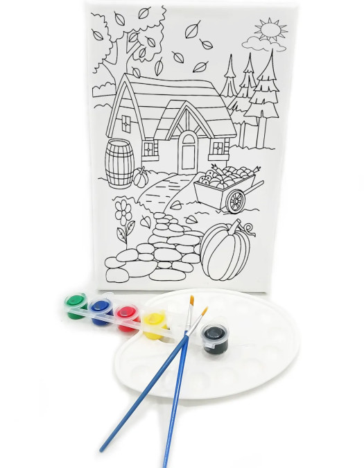 KÖY EVİ Minik Ressam Seti - 20 x 30 cm Önçizimli Tuval, 2 Adet Fırça, Palet ve Boya