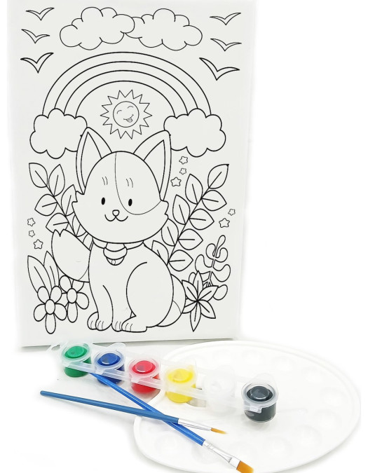 MASKELİ KEDİ Minik Ressam Seti - 20 x 30 cm Önçizimli Tuval, 2 Adet Fırça, Palet ve Boya