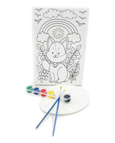 MASKELİ KEDİ Minik Ressam Seti - 20 x 30 cm Önçizimli Tuval, 2 Adet Fırça, Palet ve Boya